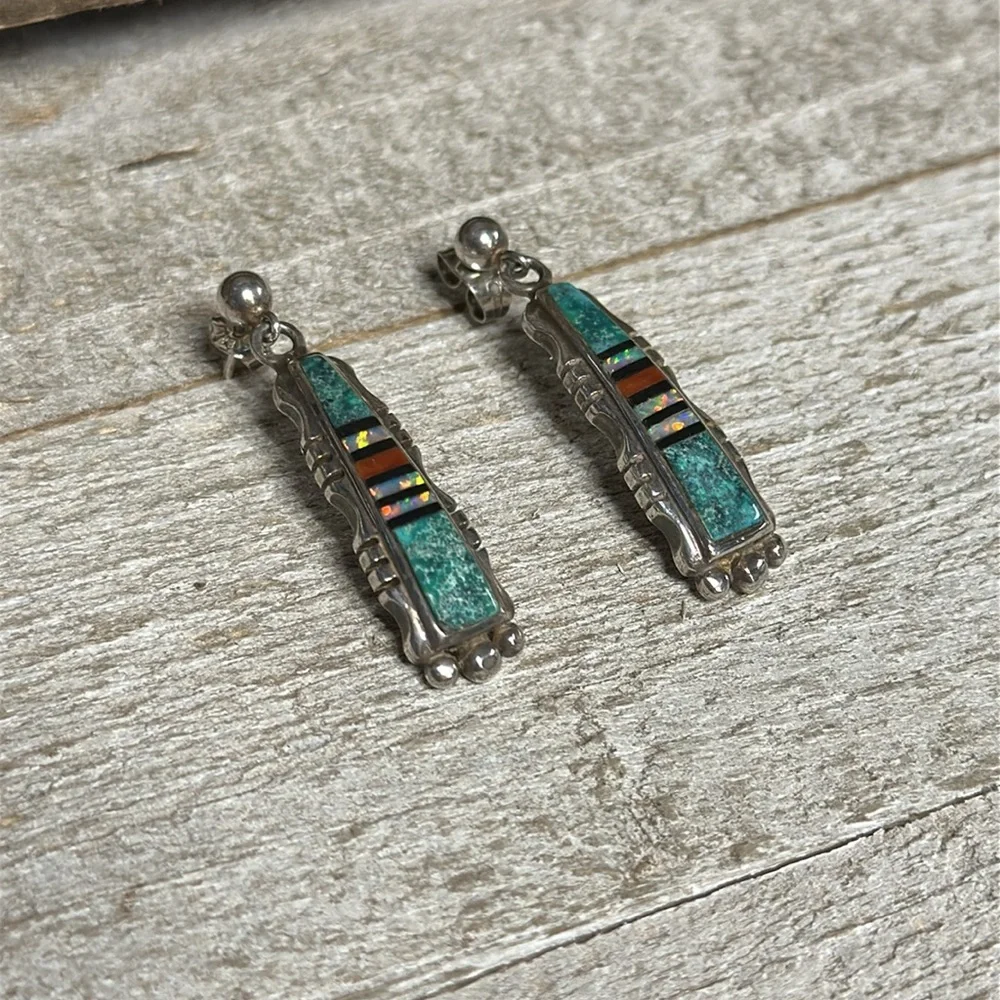 Ervin Tsosie great shape micro inlay turquoise Kyocera opal sterling earrings - Picture 6 of 8